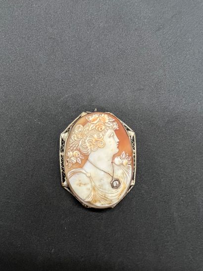 null 14K gold (585‰) pendant brooch adorned with a large cameo on a shell depicting...