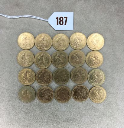 20 pièces de 20 Francs or, type Coq 1910...