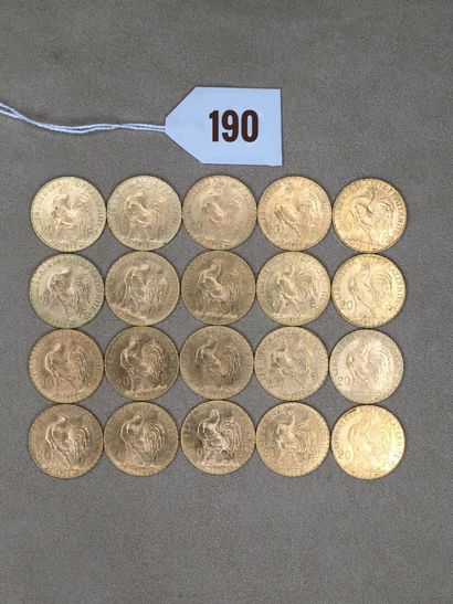 20 pièces de 20 Francs or, type Coq 1912...