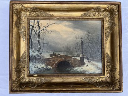 null Attributed to Bouhot, around 1830

Winter landscape with a bridge. 

Oil on...