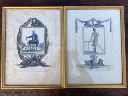 null D'après Watteau de Lille. 2 gravures rehaussées à décor de personnages et habillements...