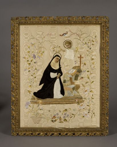 null Broderie sur soie à décor d'une sainte devant un calvaire, XIXe siècle

Accidents.

64...