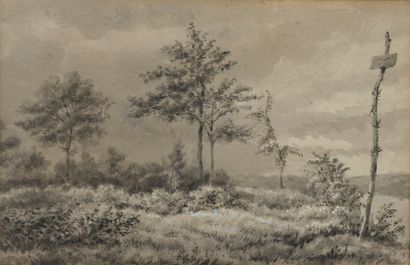 null École FRANÇAISE du XIXe siècle

Au bois de Glélon, juillet 1879

Lavis gris...