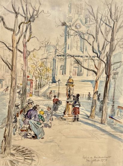 null Eugène Véder (1876-1936) 

"Church of Ménilmontant 1919".

Watercolor wash and...