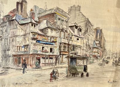null Eugène Véder (1876-1936) 

" Le .. sur les quais ". 

Lavis d'aquarelle et encre...