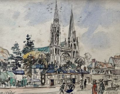 null Eugène Véder (1876-1936) 

" Cathédrale de Chartres ". 

Lavis d'aquarelle et...