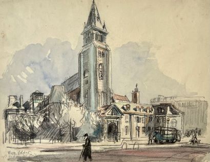 null Eugène Véder (1876-1936) 

"Church of Saint Germain des Prés". 

Charcoal, watercolor...