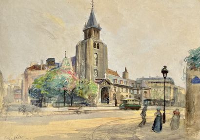 null Eugène Véder (1876-1936) 

"St Germain des Prés". 

Charcoal, watercolor wash...