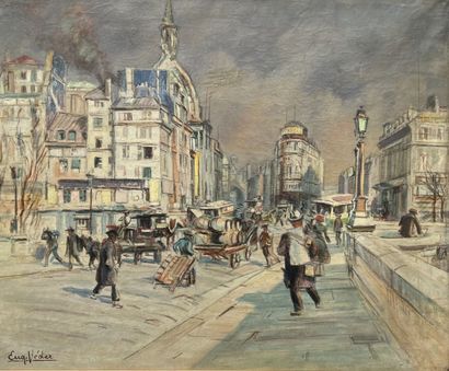 null Eugène Véder (1876-1936)

Le Pont Neuf, charrettes et tonneaux

Huile sur toile.

Signée...
