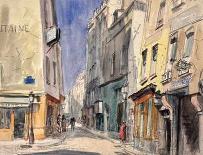 null Eugène Véder (1876-1936) 

" Rue Quincampoix ". 

Lavis d'aquarelle et encre...