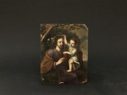  Ecole du XIXe 
Saint Joseph et l'Enfant Jésus 
Huile sur cuivre 
17,5 x 13,5 cm...
