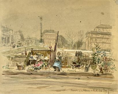 null Eugene Véder (1876-1936) 

"Flower Market - 5 X 28". 

Watercolor wash and India...