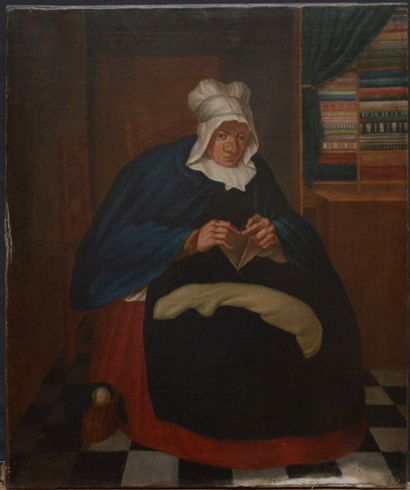 19th century ENGLISH school 
Lady knitting...