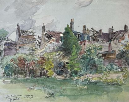 null Eugène Véder (1876-1936)

" Arras - Rue du Saumon août 1919 ". 

Lavis d'aquarelle...