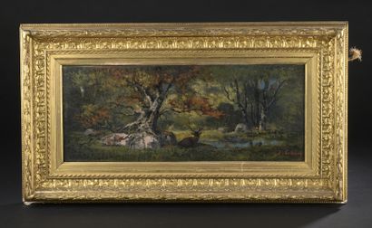 null Jean-Baptiste CLESINGER (1814-1883)

Cerf couché sous un arbre, près d'une mare.

Huile...