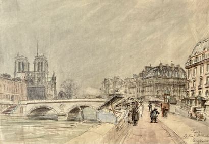 null Eugène Véder (1876-1936)

" Paris - Le Pont St Michel ".

Fusain lavis d'aquarelle...