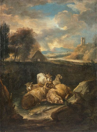 null École ITALIENNE vers 1700, suiveur de ROSA da TIVOLI

Moutons au repos

Toile.

95...