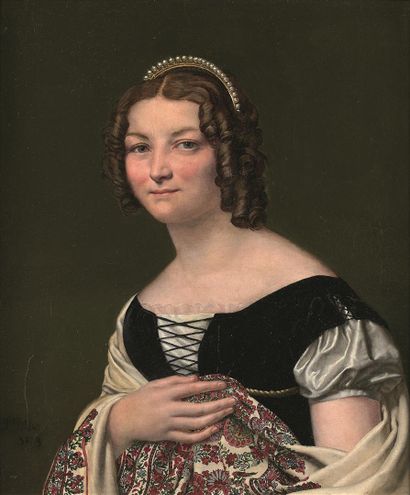 null École FRANÇAISE, vers 1830
Portrait de femme au châle de cachemire
Toile.
Signée...