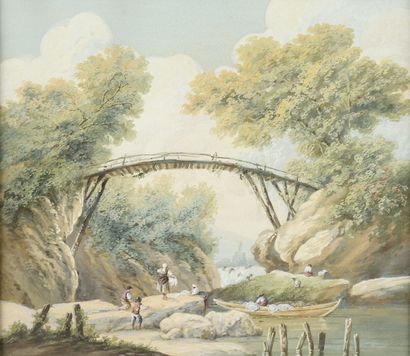 null École ITALIENNE du XIXe siècle
Personnages sous un pont
Gouache.
23 x 28 cm...