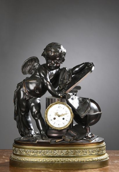 Chased bronze clock with patina and gilt...