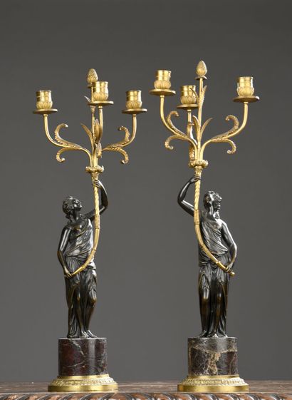 Pair of patinated gilt bronze candelabras,...