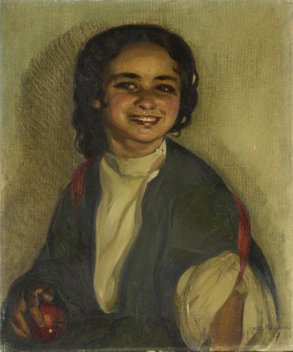 null José CRUZ-HERRERA (1870-1972)
Portrait d'enfant à la pomme
Huile sur toile.
Signée...