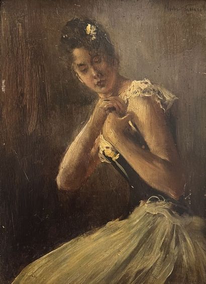 null Norbert GOENEUTTE (1854-1894)
Danseuse
Huile sur panneau 
Signé en haut à droite.
Petites...