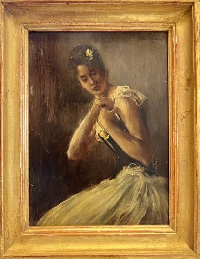 null Norbert GOENEUTTE (1854-1894)
Danseuse
Huile sur panneau 
Signé en haut à droite.
Petites...