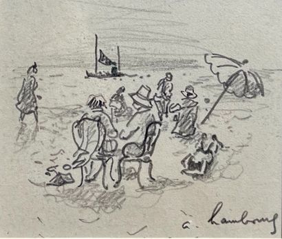 null André HAMBOURG (1909-1999) 
Sur la plage
Dessin au crayon. 
Signé en bas à droite.
9,5...