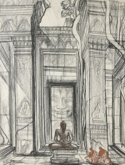 null André MAIRE (1898-1984) 
Le Bayon à Angkor
Fusain et sanguine.
Signé et daté...