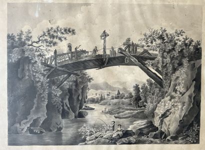 null Ecole française, début XIXe
Vue de Tivoli et d'un paysage au pont . 
Lavis 
Jolis...
