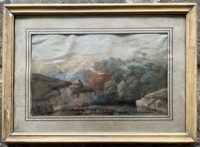 null French or Swiss school of the 19th century 
People in a landscape 
Watercolor...