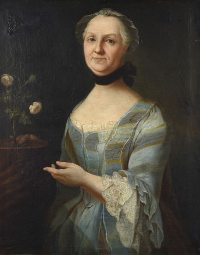 null École FRANÇAISE, 1761
Portrait de dame au rosier
Toile d'origine.
Annoté AETATIS...