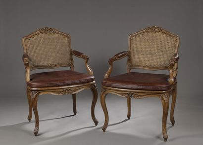 Pair of caned armchairs with flat back, stamped...