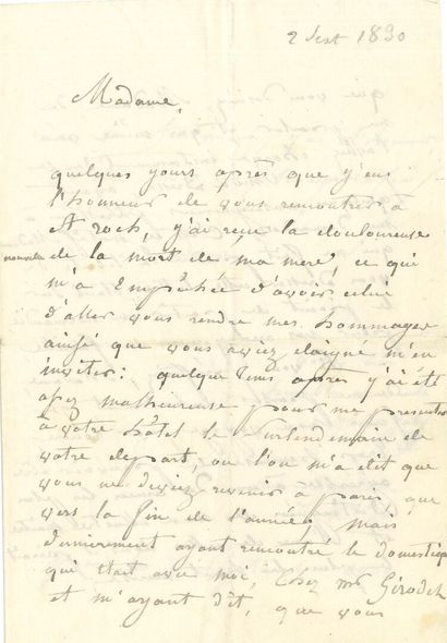 null Anne-Louis GIRODET-TRIOSON. L.A.S., [1824 ?], à Madame de REISET ; 1 page
petit...