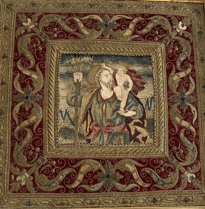 null Saint Christophe et l'enfant Jésus, tableau brodé, début du XVIIe siècle, principalement...