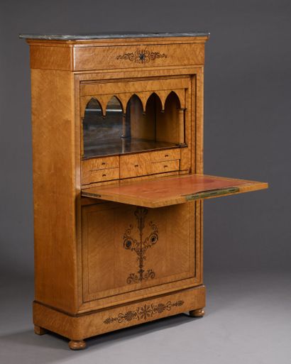 null Secretary with flap in speckled maple veneer and amaranth marquetry of the Charles...