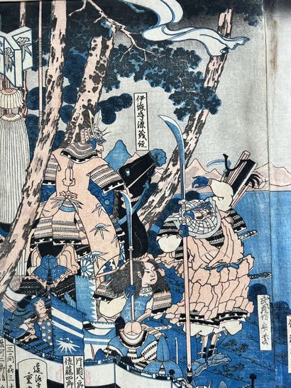 null Enrosai Shigemits (vers 1850)
Triptyque à décor de samouraïs
35 x 73 cm