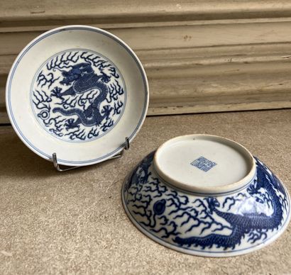 null CHINE
Paire de coupelles en porcelaine bleu blanc
A décor de dragons à la poursuite...