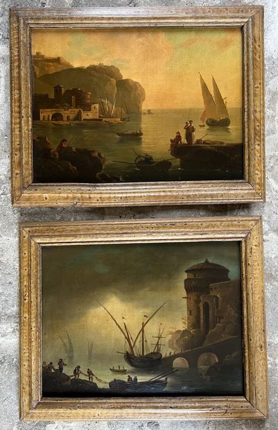 null French school, 19th century
Two seascapes 
Oil on panel 
26,5 x 35 cm
38 x 28...
