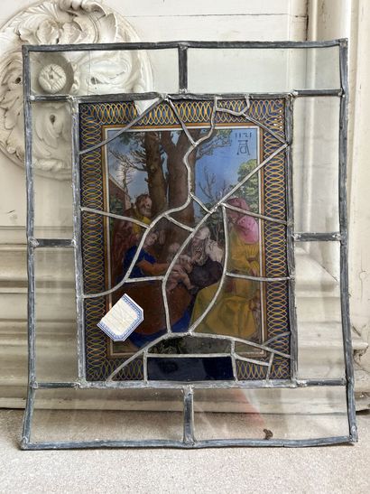 null Vitrail en verre peint polychrome à décor de la Sainte Parenté, monogramme AD...