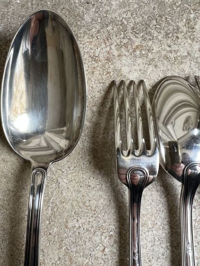null Part of a Swiss silver household set.
Including 6 dessert sets, a serving set...