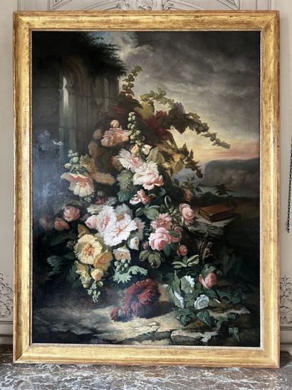 null Attribué à Simon Saint-Jean (1808-1860)
Nature morte aux roses trémières 
Toile.
160...