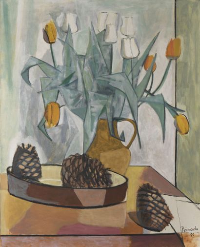 null Joaquín PEINADO (1898-1975) 
Nature morte aux tulipes et pommes de pin
Huile...