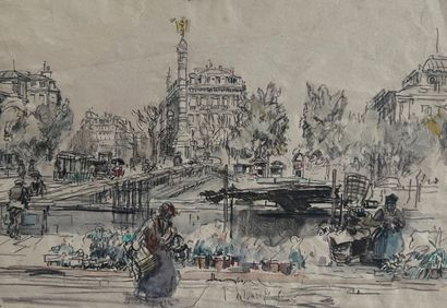 null Eugène Véder (1876-1936)
Lot de 11 dessins dont
Pont et fontaine Saint-Michel...
