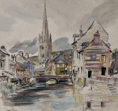 null Eugène Véder (1876-1936)
Lot de onze dessins
Le clocher de Harfleur - Église...