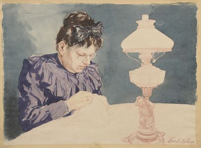 null Karl BÖHM (1866-1939)
Femme à la couture
Aquarelle.
Signée en bas à droite.
27,7...