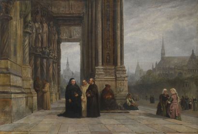 null Eugène TOURNEUX (1809-1867) 
Moines sur le parvis d'une église
Huile sur toile.
Signée...
