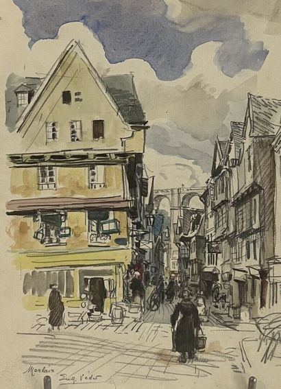 null Eugène Véder (1876-1936)
Lot de cinq dessins
Morlaix 1924 - Morlaix, rue animée...