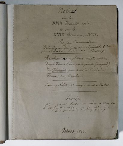 [Manuscrit]. [Révolution française]. JUBÉ DE LA PÉRELLE (Auguste). Notice sur le XVIII Fructidor, an V, et sur le XVIII Brumaire, an VIII. Mars 1823.